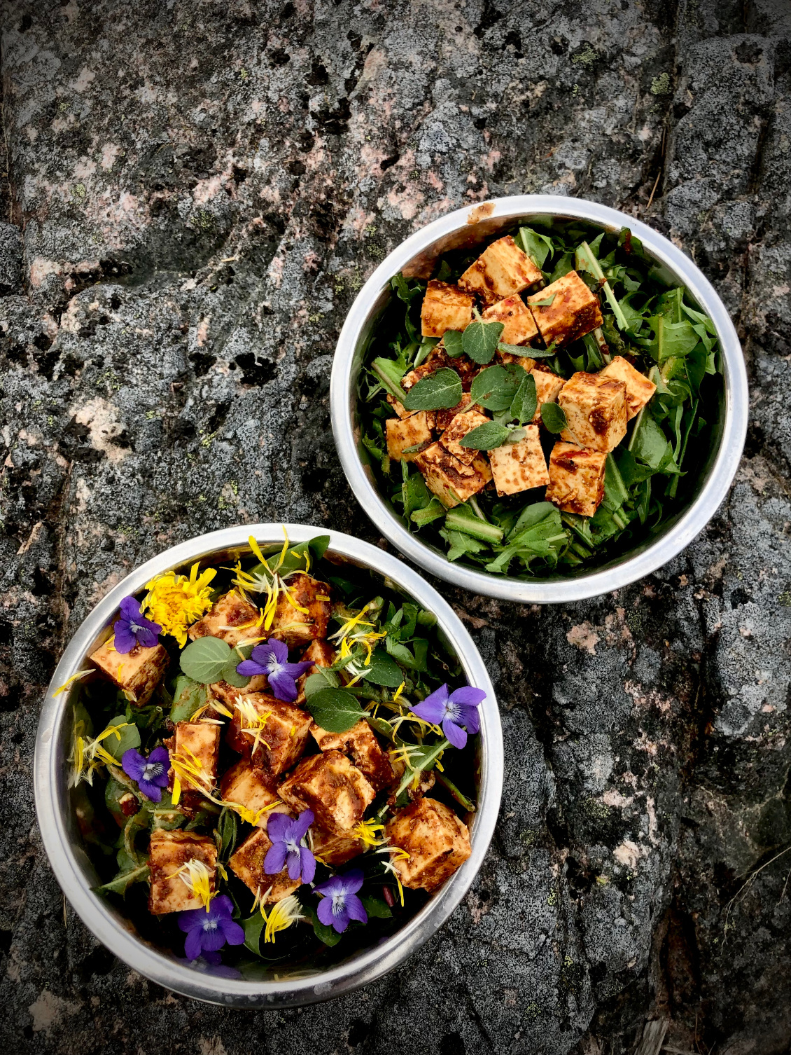 Festival de saveurs. Orties, champignons, herbes aromatiques, fruits, baies... La Nature s’invite dans nos repas. Aujourd’hui, salade d’été composée de dent-de-lion, violettes odorantes, fleurs de pissenlit et origan sauvage.
Photo : Aline Guignard. hasseursdhorizon.com.