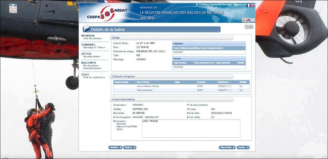 Enregistrement de la balise sur le site du CNES