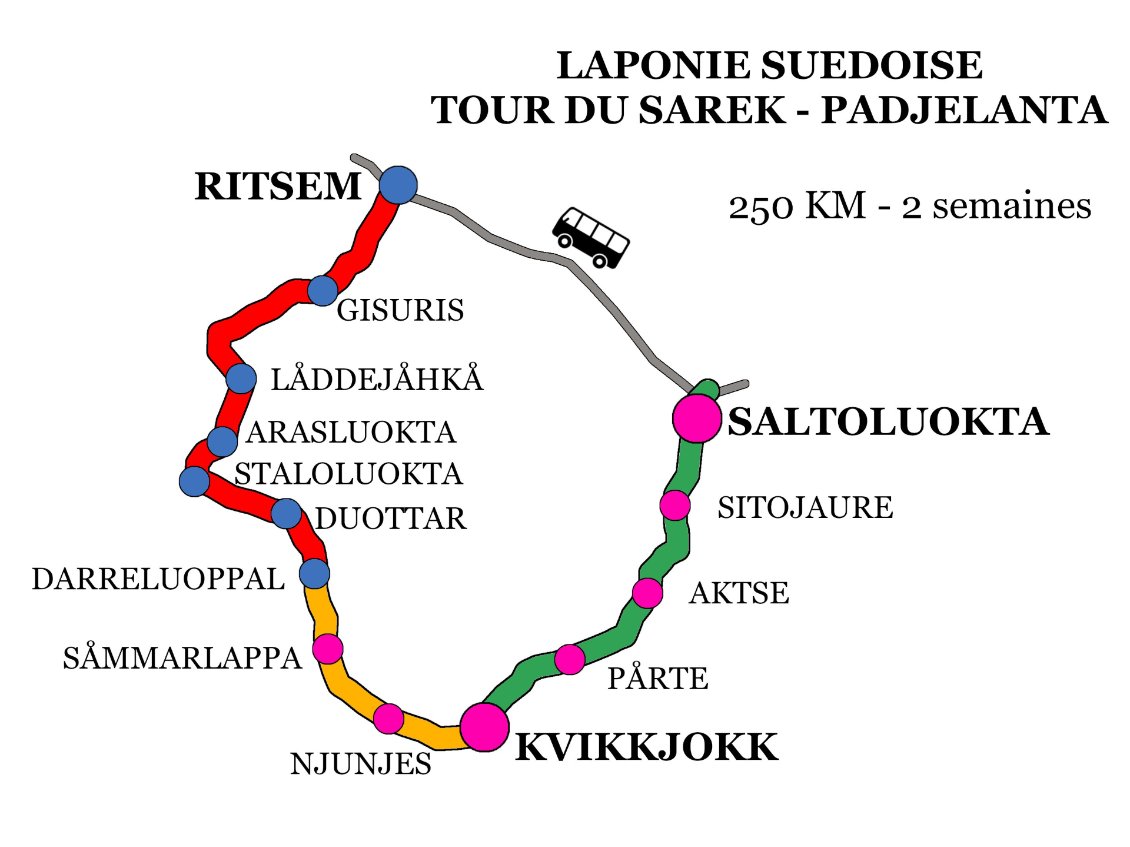 Le point de départ Saltoluokta, et le point d'arrivée Ritsem sont accessibles en bus. Le tour se compose de 3 sections. La verte est balisée et "fréquentée". L'orange n'est pas balisée mais non problématique. La rouge est non marquée, exposée aux vents et sans échappatoire. Les points violets sont les refuges gérés par le STF. Les points verts sont des refuges gérés par des Samis, non gardés en hiver.