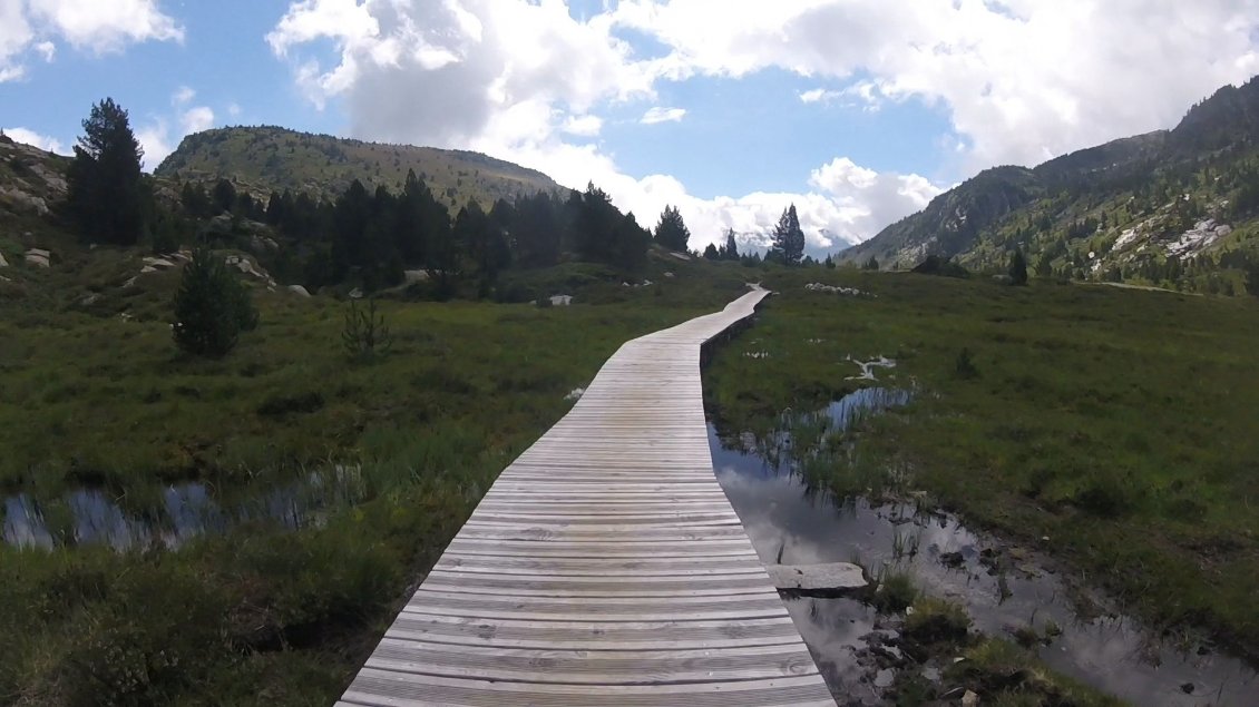 Passerelle bois pour rejoindre les étangs les pieds au sec