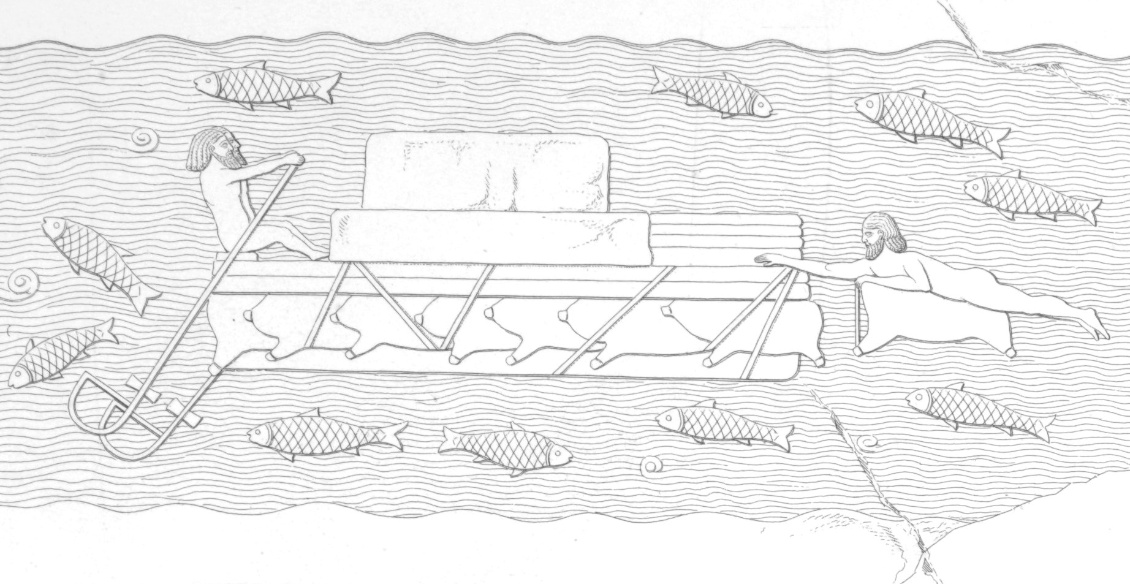 Kelek chargé de blocs de taille accompagné d’un nageur sur outre. Extrait de fresque du site de Kounynjik à Ninive, de l’époque néo-assyrienne (Layard, 1853).