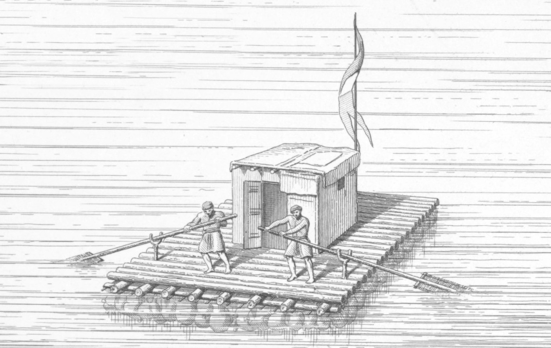Dessin d’un kelek du milieu du XIXe s. sur le Tigre, transportant des vestiges archéologiques destinés à la France (Place, 1867).