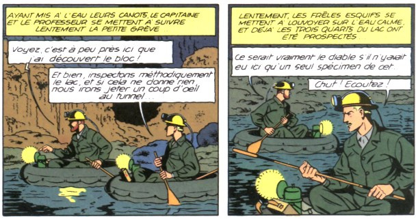 Un extrait de l’album L’Énigme de l’Atlantide de la bande dessinée Blake et Mortimer (Jacobs, 1955) montrant les canots pneumatiques (mus à l’aide d’une pagaie simple) utilisés en spéléologie à la sortie de la Seconde Guerre mondiale.