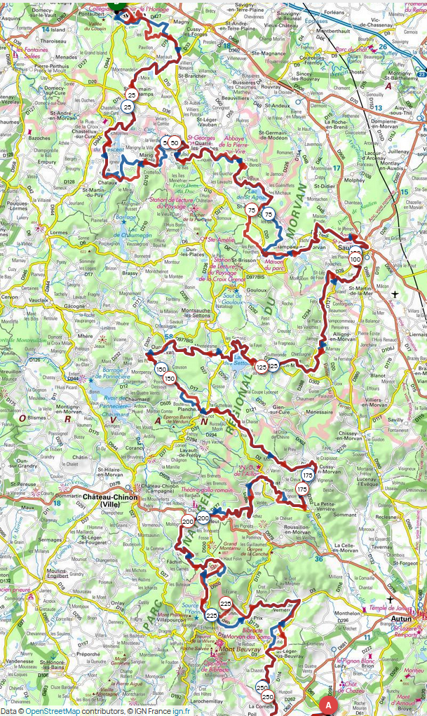 En rouge le tracé VTT / En bleu les variantes gravel