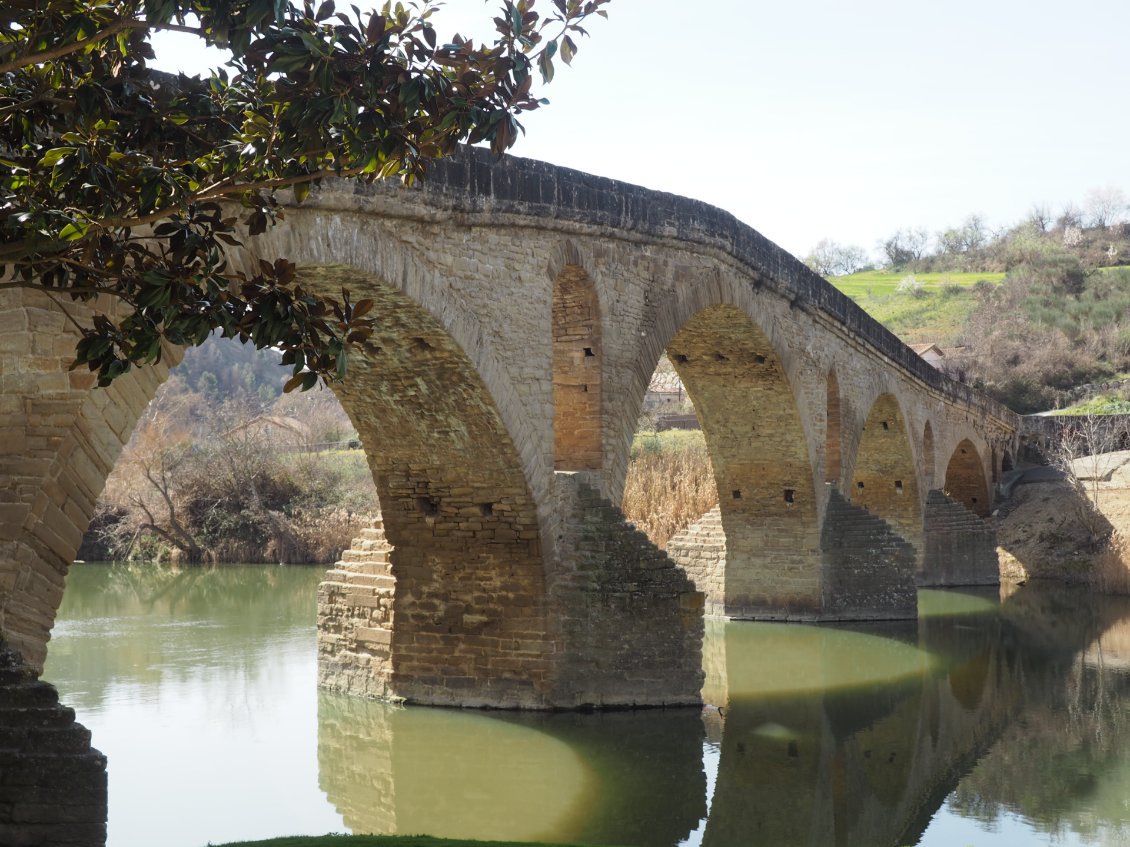 Le pont romanique de Puente la Reina, emblème historique sur la rivière Arga.
