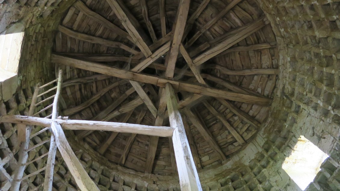 La magnifique charpente et l'échelle tournante pour donner accès aux boulins