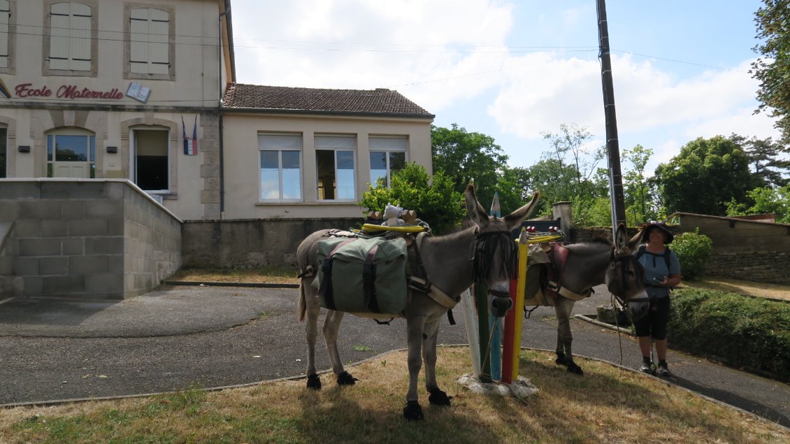 Nous passons rencontrer les enfants de l'école maternelle de Saint Gengoux.
Le voyage lent les intéresse beaucoup, les ânes sont les stars