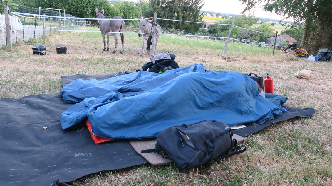 Carole profite encore un peu du bivouac, les ânes attendent déjà