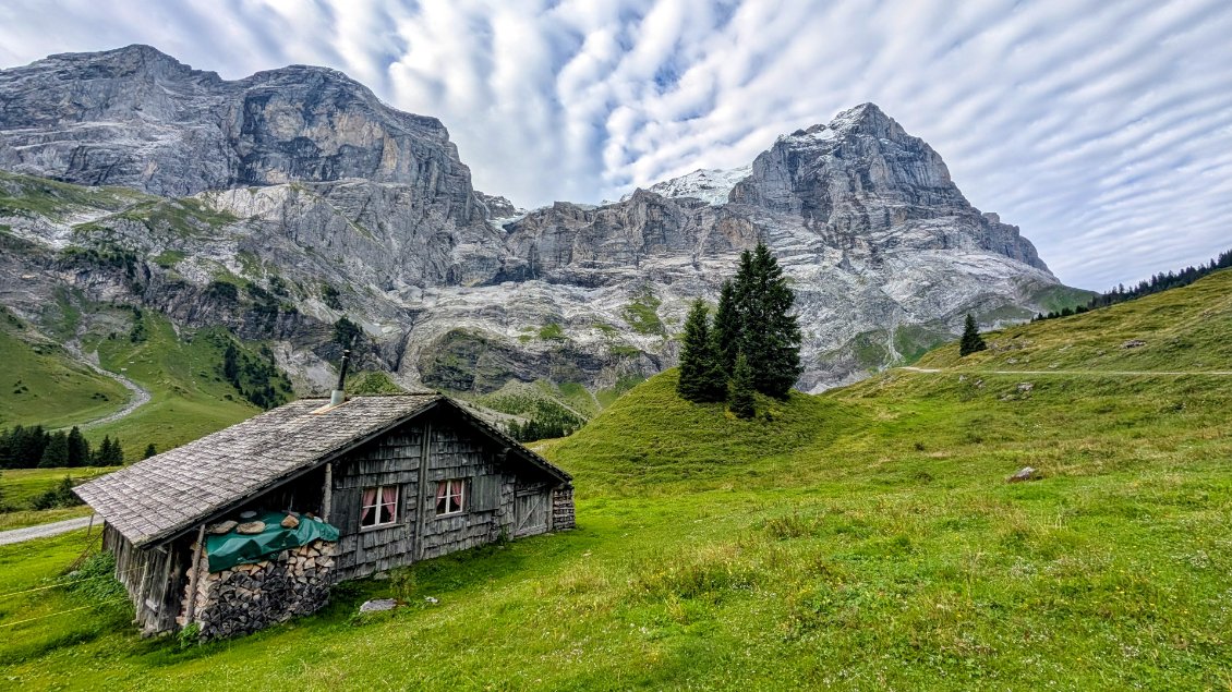 Châlet d'alpage au Hameau de Schwarzwaldalp sur le sentier de la Wanderweg avec le glacier de Rosenlaui et le Mont ScheideggwetterHorn 3361m - Suisse